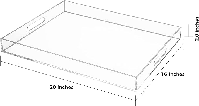 Clear Rectangular 16x20 Inches Acrylic Ottoman Tray Decorative Serving Tray with Cutout Handles Organizer Tray on Coffee Table Countertop Big Breakfast Bed Tray Living Room Appetizer Serving Food-Ruum Studio Home