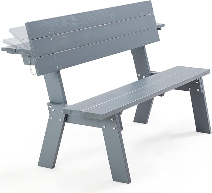 AVAWING Outdoor Convertible Wood Bench with Backrest, Patio Wood Convert a Bench, Space-Saving 2-in-1 Picnic Table Chairs Set for Backyard, Porch, Patio, Garden, Grey-Ruum Studio Home