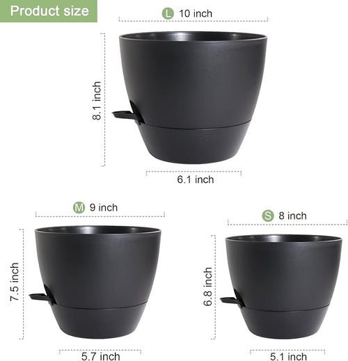 10/9/8 inch Medium Self Watering Pots, Plant Pots with Mesh Drainage Holes for Indoor Outdoor Garden Plants, Flower Pots with Removable Deep Reservoir, Set of 3 Plastic Planters, Black-Ruum Studio Home