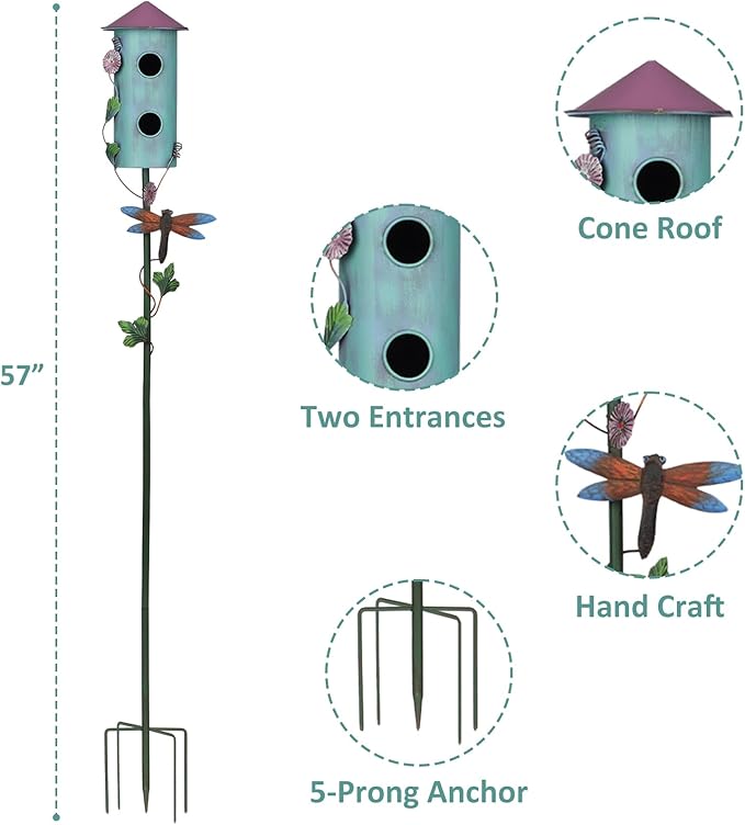 BAYN 57” Bird Houses Stake for Outside, Metal Wild Bird Feeder Double-Hole Birdhouse Stake with Cylinders Design Outdoor Decorations for Patio, Backyard, Garden-Ruum Studio Home