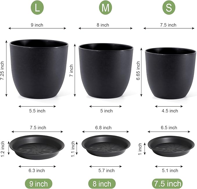 9/8/7.5 inch Plant Pots, Set of 3 Modern Decorative Plastic Planters with Drainage Holes and Tray, Flower Pots for Indoor Outdoor Plants, Black-Ruum Studio Home