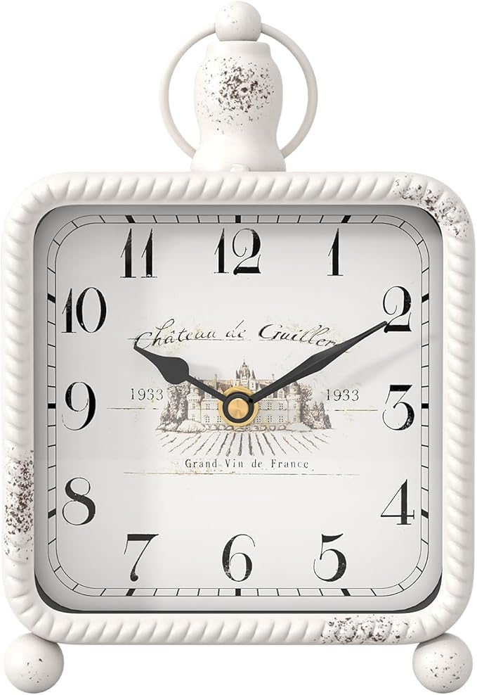 Vintage White Table Clock on Stand, Desk and Shelf Decor Clock, French Rustic Style Non-Ticking Mantel Clocks for Farmhouse, Living Room, Bedroom, Bedside, Gift (8.5" H x 5.5" W)-Ruum Studio Home