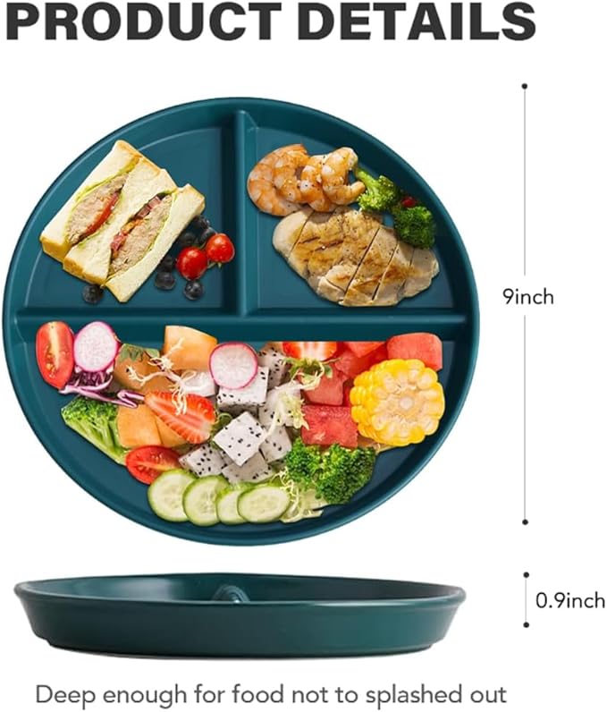 9" Unbreakable Divided Plates Set of 5, Wheat Straw Plate Reusable Dinnerware Portion Control Plate, Round Bariatric Plastic Plate for Kids Adults, BPA-free, Dishwasher Safe-Ruum Studio Home