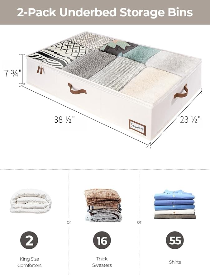 StorageWorks 117L Under Bed Storage Containers with Handles and Label Holder, 2 Pack Ultra-thick Fabric Underbed Bins, Closet Organizer for Clothes, Blankets, Sweater-Ruum Studio Home