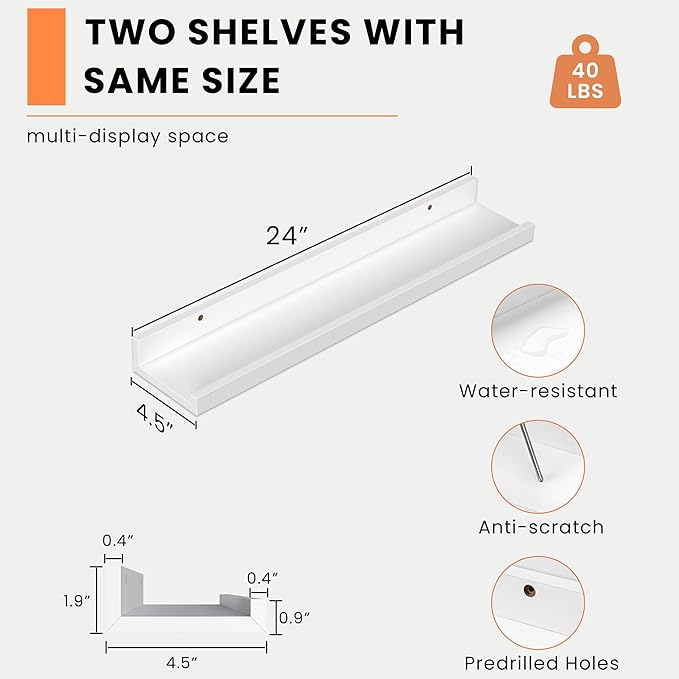 Heimlove Picture Ledge Shelf, Floating Shelves Set of 2, 24 Inches Picture Shelf for Wall with Ledge, Kids Bookshelf Wall Mounted for Living Room Bedroom Decor Books Photo Frames - White-Ruum Studio Home