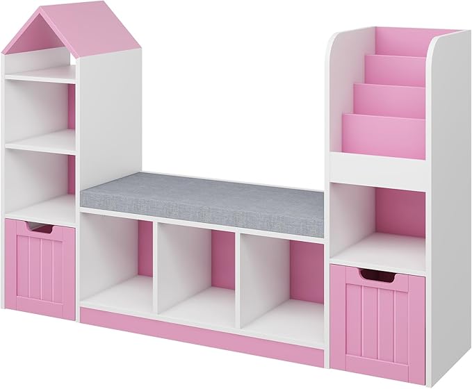 Toy Storage Organizer for Kids Bookshelf with Reading Nook, Multifunctional Kids Bookcase with 7 Storage Cubbies, 2 Movable Drawers and Seat Cushion for Keeping Kids' Toys Books Organized, Pink-Ruum Studio Home