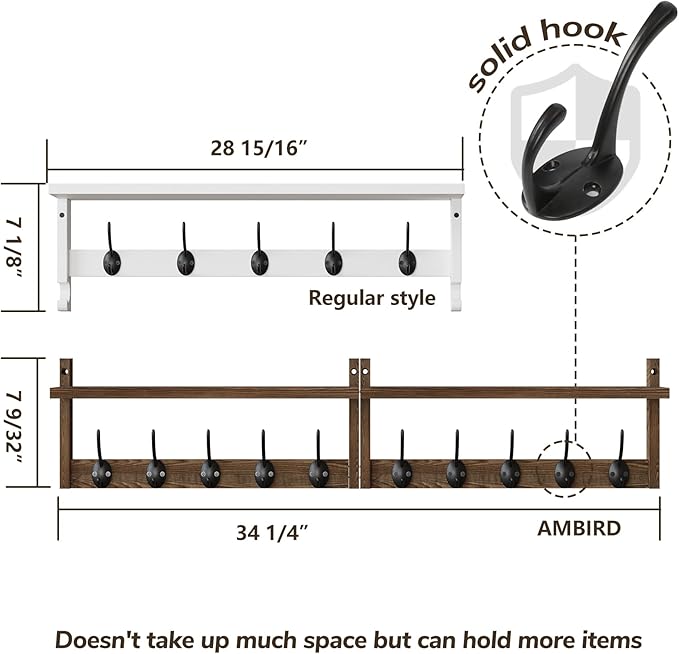 AMBIRD 34.2 inch Wooden Extra-Long Wall Hook Rack with Shelf - Versatile and Decorative Wall-Mounted Storage - 10 Hooks for Hanging Coats, Hats, Scarves - Ideal for Entryways, Bedrooms, Closets-Ruum Studio Home