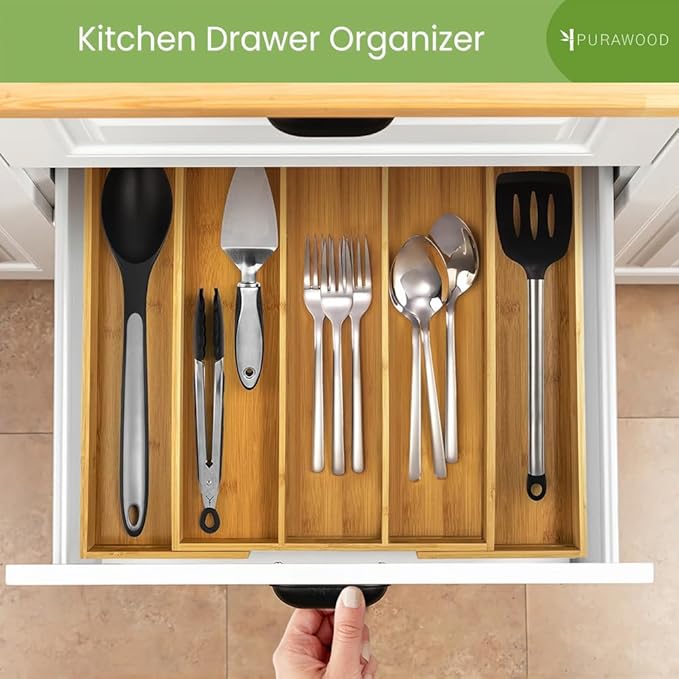 Purawood Kitchen Drawer Organizer, 2 Pack - Expandable Utensil Drawer Organizer for Kitchen, Cutlery Tray & Silverware Organizer, 3-5 Slots - Bamboo Organizer for Utensils & Flatware (Natural)-Ruum Studio Home