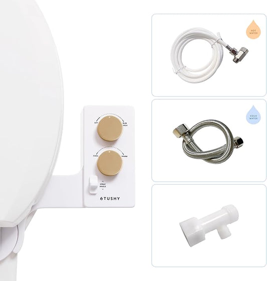 TUSHY Spa Royale Warm Water Bidet Seat Attachment. Self Cleaning Water Sprayer, Adjustable Pressure Nozzle, Angle Control. (Requires Sink Access for Water Temperature Control), Gold Knobs-Ruum Studio Home