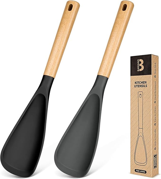 Cooking Spoon for Nonstick Cookwares, Great for Cooking and Serving Sturdy BPA-Free Matte Silicone, Wood Handle Spoon for Mixing, Scoop, and Scrape (Black & Grey, 13.4 inch)-Ruum Studio Home