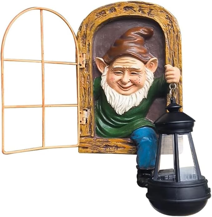 Garden Gnome Decor Outdoor Statue - Gnome With Solar Waterproof Lantern, Whimsical Elf Out The Door Tree Hugger Garden Statues, Home, Fence, Patio, Resin Ornament, Gardening Gift Tree Faces Gnomes-Ruum Studio Home