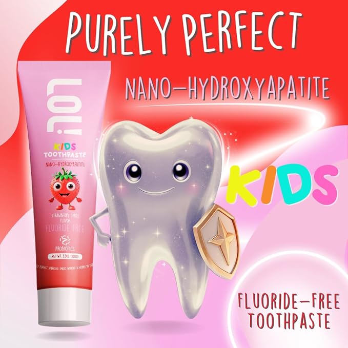 LOL Fluoride Free Toothpaste Kids, Nano Hydroxyapatite Toothpaste,Probiotics & Xylitol Tooth Paste Kids | Remineralizing | Natural | Plant-Based Foam | Pasta De Dientes para Niños. (Strawberry)-Ruum Studio Home