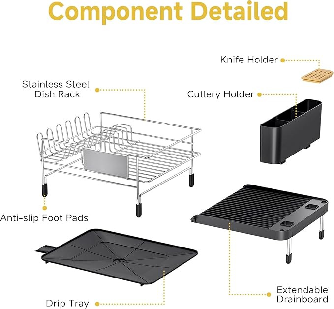 Dish Drying Rack, Expandable Stainless Steel Dish Rack with Drainboard Set Kitchen Sink Organizer for Counter, Large Capacity Kitchen Accessories, Smooth Water Flow-Ruum Studio Home