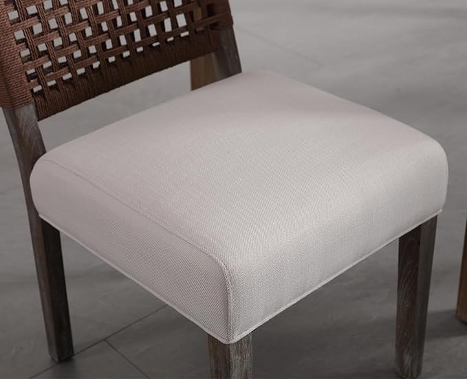 Kmax Farmhouse Dining Chairs Set of 2, Rustic Kitchen Chairs with Linen Fabric Seat and Woven Back, Vintage Accent Chairs for Dining Room, Living Room, Beige-Ruum Studio Home