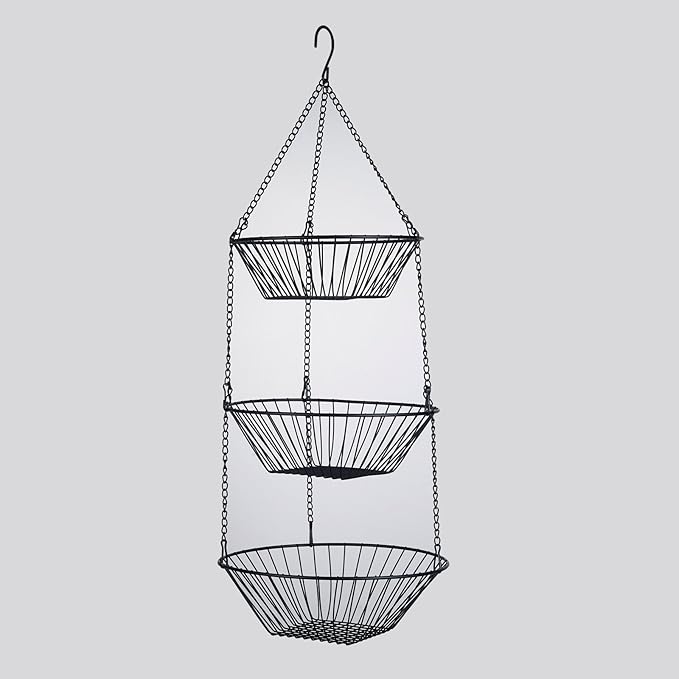 3-Tier Wire Fruit Hanging Basket 2 Packs,non-Punching Wall Hanging Storage,Kitchen Bathroom Organization Basket,Suitable for Bathroom,Kitchen,Closet,Garden,Black-Ruum Studio Home