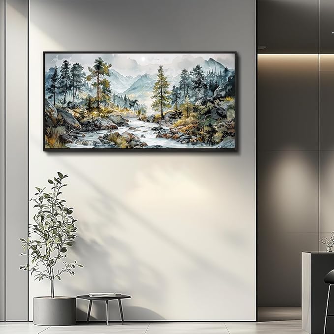 PHAOHUAXM Large Canvas Printing Artworks Wall Art For Bedroom Wall Decor For Living Room Office Home Decor Rivulet View Painting Forest Tree Landscape Watercolour Pictures Black Framed 30x60 In-Ruum Studio Home