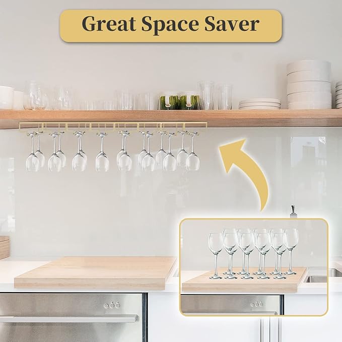 Xverycan Wine Glass Rack Under Cabinet, 8 Row Extreme Large Stemware Hanger, Metal Wine Goblet Holder, DIY Bar Glass Storage Rack for Bar Counter, Kitchen, Screws Included (Gold)-Ruum Studio Home