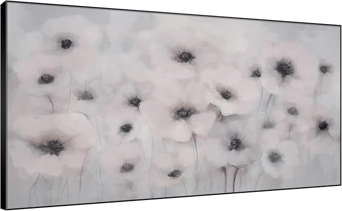 24"x46" Extra Large Framed Wall Art Soft White Poppies Watercolor Floral, Delicate Botanical for Home Living Room Bedroom Decor (Frame Assembly Required)-Ruum Studio Home