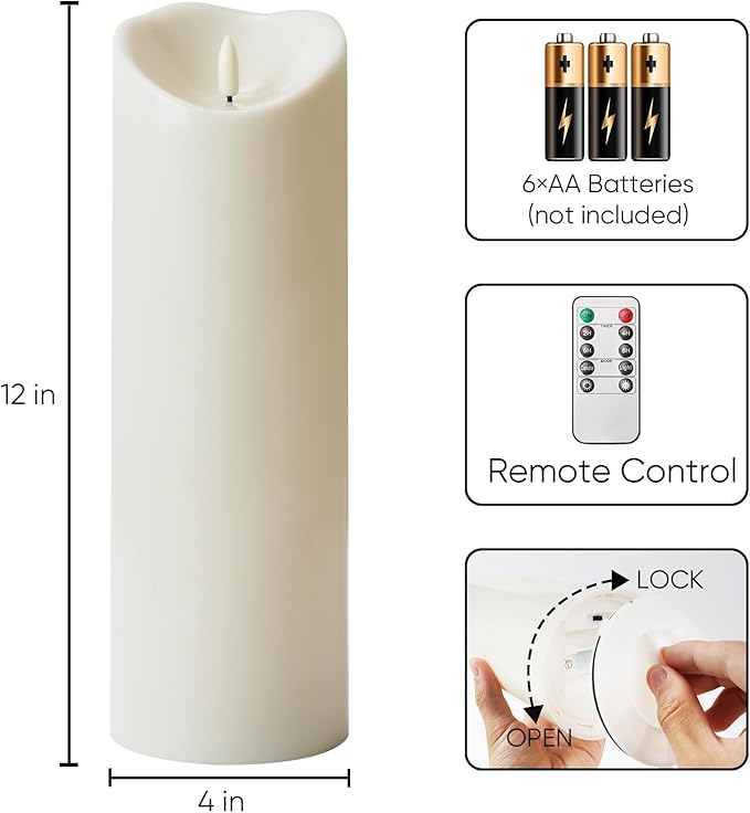 Homemory 4"x12" Outdoor Waterproof Flameless Candles with Timers and Remote Control, Battery Operated Candles, LED Plastic Candles, Ivory White, Set of 2-Ruum Studio Home