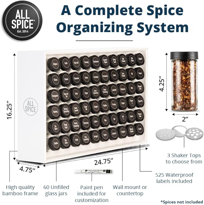 AllSpice Spice Rack Organizer, Wood, 525 Unique Labels, Countertop or Wall Mount, Includes 60 4oz Jars- Matte White-Ruum Studio Home