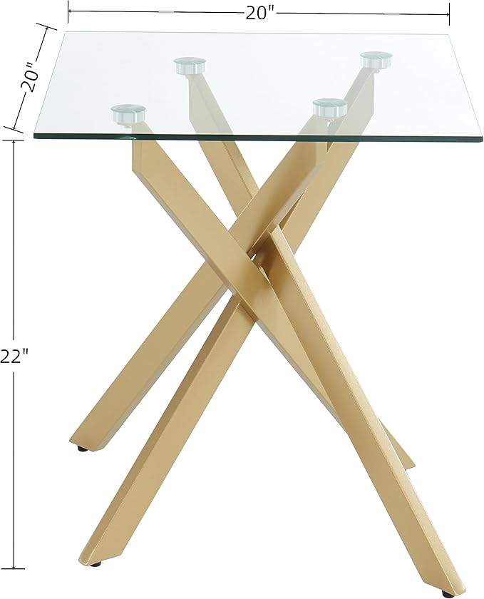 Modern Style Square Side Table with Tempered Glass Top and Metal Tubular Legs, Gold 20”Dx20”Wx22”H-Ruum Studio Home