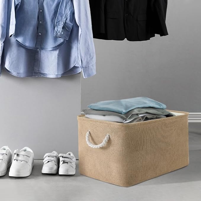 Organization and Storage Basket for Organizing - 17X15X12 inch 2 Pack Collapsible Baskets for Shelves, Fabric Storage Cubes with Rope, Storage Box for Cloth Decorative Gift (Beige)-Ruum Studio Home
