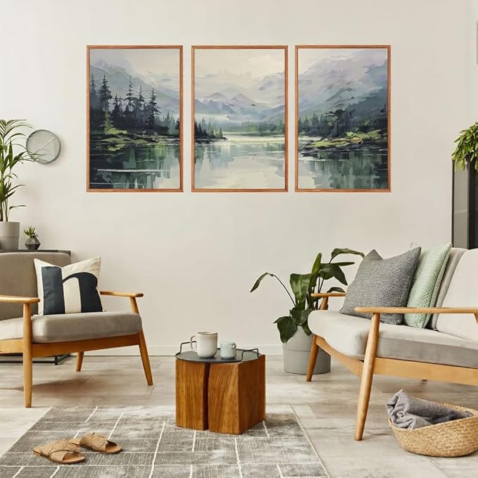 Aurlan Emerald Green Mountain Lake Landscape Framed Wall Art(16"x24"), 3PCS Abstract Forest Nature Canvas Artwork, Large Minimalist Watercolor Modern Pine Trees Scenery Decor for Office Home-Ruum Studio Home