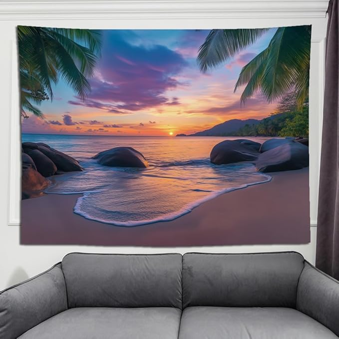 keowhsf Beach Sunset Ocean Tapestry – Tropical Palm Trees Wall Decor with Warm Orange Sky, Summer Seaside Landscape Wall Hanging for Bedroom Living Room Dorm-Ruum Studio Home