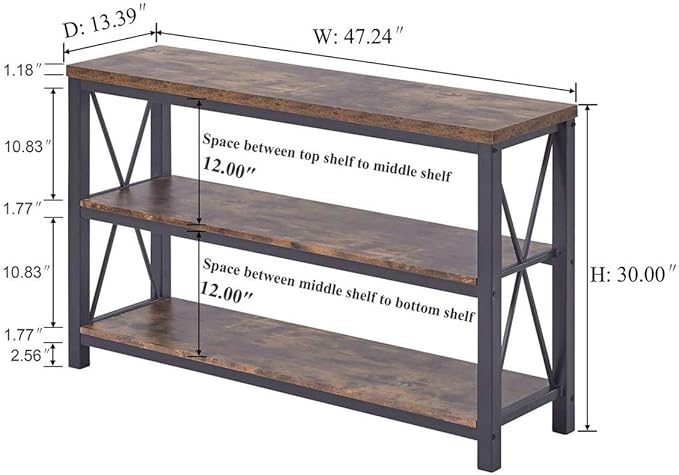 BON AUGURE Industrial Sofa Console Table for Entryway, 3 Tier Foyer Table for Hallway, Rustic Hall Tables Behind Couch (47 Inch, Rustic Brown)-Ruum Studio Home