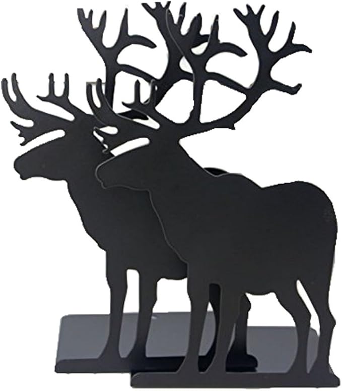 Winterworm Fashion Creative Cartoon Cute Iron Elk Moose Pattern Nonskid Metal Office Desk Bookends (Black)-Ruum Studio Home