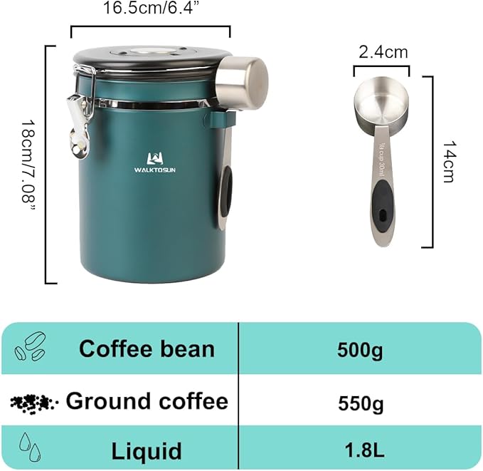 Coffee Canister Airtight Storage Container Stainless Steel Air Tight Coffee Jar with Scoop, Date Tracker CO2 Release Valve for Dry Food, Beans, Ground, Tea, Flour, Cereal and Sugar (Green)-Ruum Studio Home