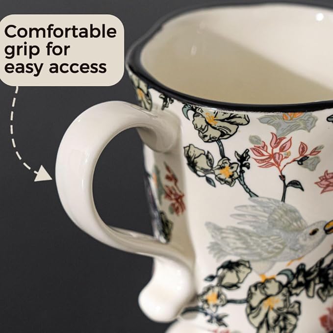 360ml -12.17oz Painted Floral & Bird Ceramic Mug - Cute Coffee Cup for Latte, Espresso - Gift for Women, Dishwasher Safe-Ruum Studio Home