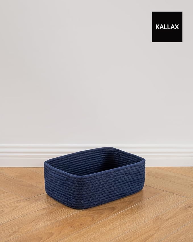 Small Woven Basket, 13.5 x 9.5 x 5 Inches, Storage Basket for Organizing, Cute Small Rope Shelf Closet Cube Storage Bins Baskets for Shelves, Dog Toy Gift Baskets Empty, 3 Packs, Navy Blue-Ruum Studio Home