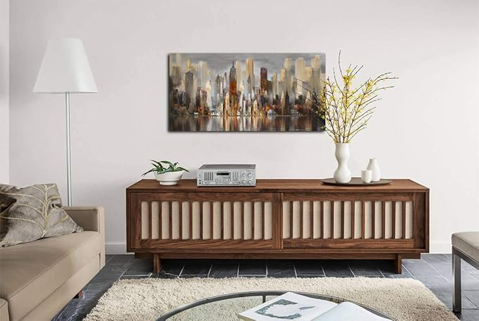 Framed Wall Art Large Cityscape New York Wall Decor Canvas Prints Abstract Brown City Theme Paintings Modern Canvas Wall Art for Living Room Bedroom Big Size 24x48 Framed-Ruum Studio Home