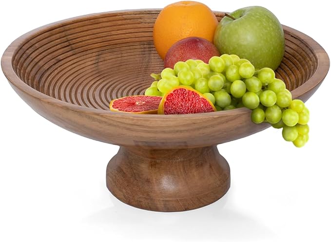 Folkulture Wooden Fruit Bowl for Kitchen Counter | 12" Large Premium Eco Friendly Banana Fruit Basket for Kitchen | Acacia Wood Bowl with Holder, Pedestal for Table Decor, Centerpiece for Dining Table-Ruum Studio Home
