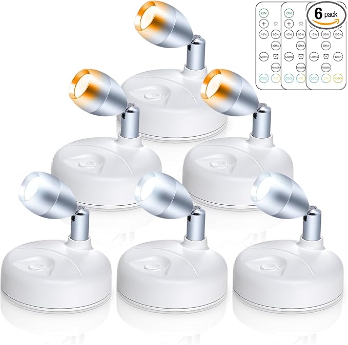 Small Battery Operated Spotlights Indoor with Remote Flicker-Free 60 Lumens Dimmable Warm/Neutral/Cool White 3 Mode Wireless Mini Up Lights for Accent Wall, Art Display, Picture, 6 Pack-Ruum Studio Home