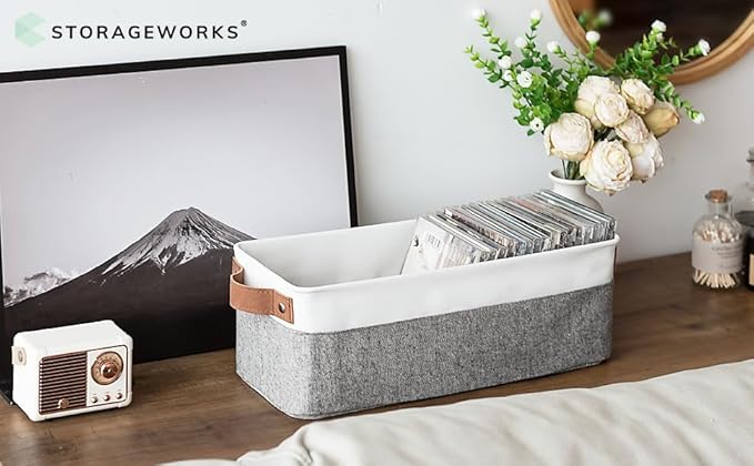 StorageWorks Narrow Storage Bins, Small Basket for Closet and Shelves, Fabric Organizer with Handles, Toilet Paper Storage, Grey and White, 2-Pack-Ruum Studio Home