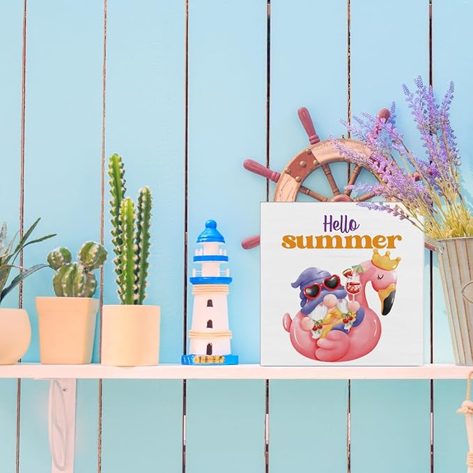 Hello Summer Decor Flamingo Decorations Summer Gnome Wooden Sign Rustic Home Decor 5 x 5 Inches-Ruum Studio Home