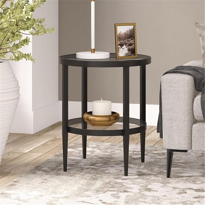 Henn&Hart 20" Wide Round Side Table with Glass Shelf in Blackened Bronze, Table for Living Room, Bedroom-Ruum Studio Home