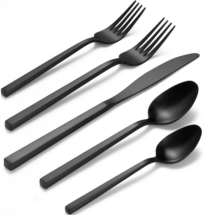 Alata Cube Black 20-Piece Forged Silverware Set Stainless Steel Flatware Set,Service for 4,Matte Satin Polished Cutlery Set,Dishwasher Safe-Ruum Studio Home