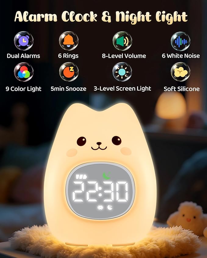 Cat Alarm Clock for Kids with Night Light, Sleep Training Clock Time to Wake Clock, Rechargeable Silicone Light for Bedroom, Perfect Sleep Companion for Boys Girls-Ruum Studio Home
