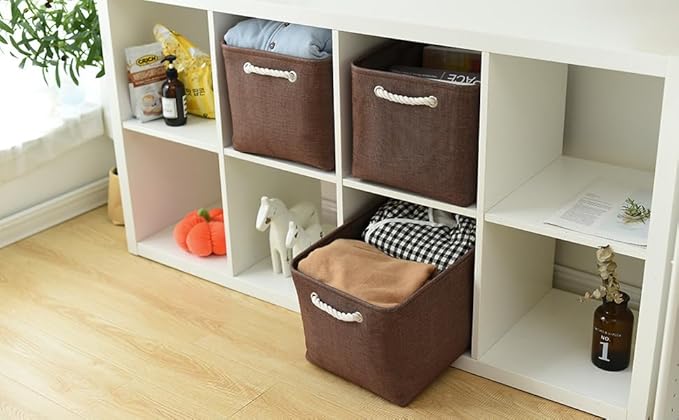 TheWarmHome Organization and Storage Basket for Shelves - 3 Pack 16x12x12 inch Fabric Storage Cubes, Cube Storage Bin for Organizing Closet Cloth Organizer Gift Toy (White & Brown)-Ruum Studio Home