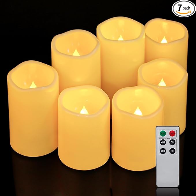 Aignis 7pcs Flameless LED Candles Battery Operated with Remote Timer, Outdoor Indoor Waterproof, Warm Glow for Cozy & Romantic Home/Wedding/Holiday Décor (D 3'' x H 4''/5''/6'')-Ruum Studio Home