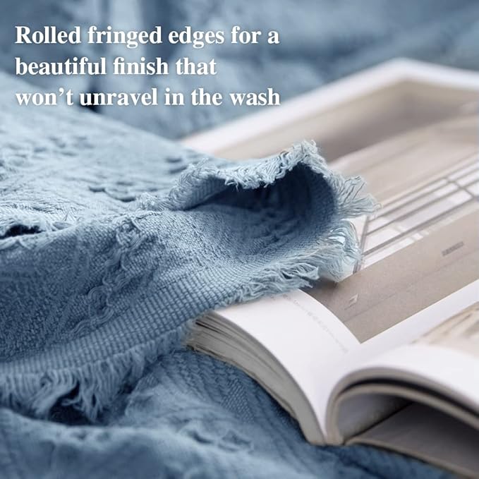 Simple&Opulence 100% Cotton Throw Blanket for Bed, Couch, Boho Luxury Geometric Knit Woven Blanket with Tassels Soft Lightweight Cozy Breathable, Vintage Farmhouse Decoration for All-Season(Blue)-Ruum Studio Home