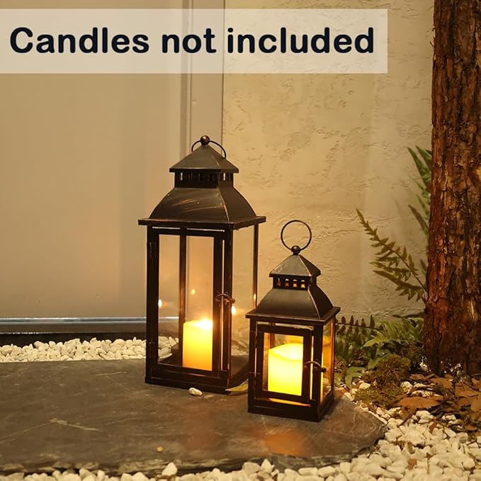 NEEDOMO Lanterns Decorative Outdoor&Indoor, Set of 2 Large Bronze Metal Lantern Decor with Glass, Candle Holder for Porch, Patio, Garden, Balcony, Wedding, Table Centerpiece Decorations-Ruum Studio Home