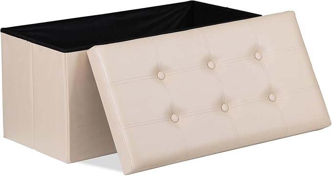 SUPER DEAL Folding Storage Ottoman Bench, 30 Inches Footrest Storage Bin with Padded Seat, Entryway Shoe Bench for Living Room Bedroom, 30"x15"x15", Faux Leather, Beige-Ruum Studio Home