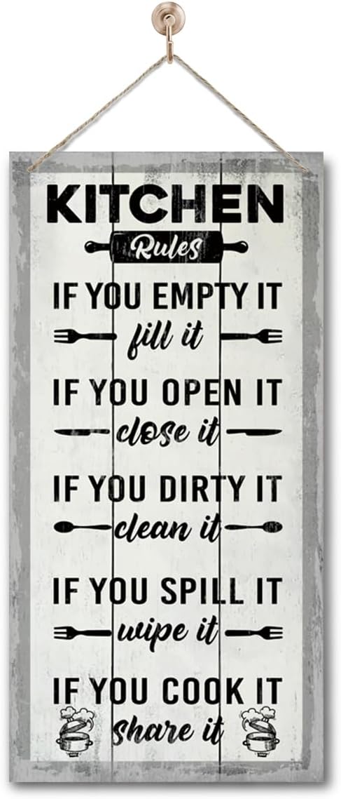 Hanging Kitchen Rules Wood Decor Sign, Rustic Kitchen Wooden Signs, Printed Wood Wall Art Sign, Kitchen Door Rules Rustic Sign, Hanging Wood Sign Kitchen Decor, Funny Farmhouse Kitchen Wall Décor J1-Ruum Studio Home