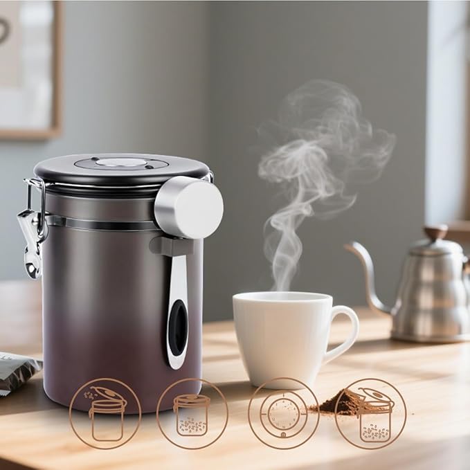 Coffee Canister Airtight Storage Container Stainless Steel Coffee Jar with Scoop,Date Tracker CO2 Release Valve for Dry Food Beans Ground Tea Flour Cereal and Sugar (1.8L Grey-Brown With Spoon(2pcs))-Ruum Studio Home