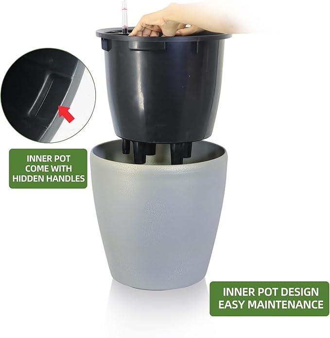 Dexceder 18x17 Self Watering Planter with Wheels Indoor Outdoor, Inner Pot Design, Thickened Large Floor Standing Flower Plant Pot with Water Level Indicator (Grey Gold Crackle)-Ruum Studio Home