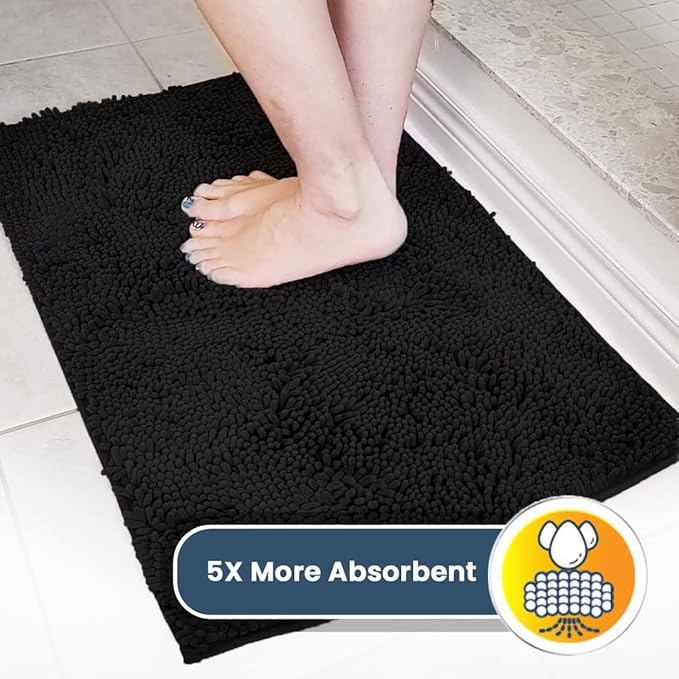 Muddy Mat® 4-Piece Black Medium 30"X19" AS-SEEN-ON-TV Highly Absorbent Microfiber Door Mat, Bath Mat and Pet Rug, Non Slip Thick Washable, Soft Chenille for Kitchen Bathroom Bedroom Indoor and Outdoor-Ruum Studio Home